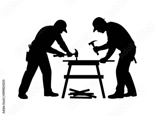 Two carpenters working together on a wooden project with hand tools isolated on white background, Vector, illustration