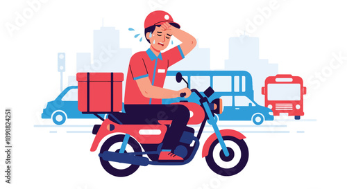 Tired delivery courier resting on motorcycle after long shift in busy city street, showing workload exhaustion, transport stress, and gig economy burnout in flat vector style