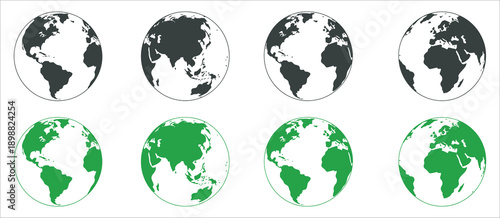 Planet Earth globe vector icon set, world map illustration continents, oceans geography global concept, digital design, infographic, travel, education, vector graphic