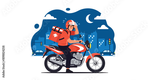 Tired delivery courier resting on motorcycle after long shift in busy city street, showing workload exhaustion, transport stress, and gig economy burnout in flat vector style