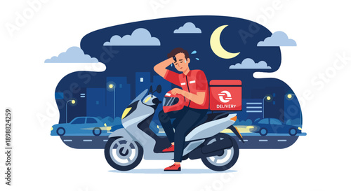 Tired delivery courier resting on motorcycle after long shift in busy city street, showing workload exhaustion, transport stress, and gig economy burnout in flat vector style