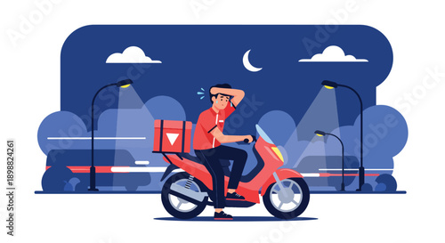 Tired delivery courier resting on motorcycle after long shift in busy city street, showing workload exhaustion, transport stress, and gig economy burnout in flat vector style