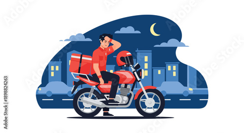 Tired delivery courier resting on motorcycle after long shift in busy city street, showing workload exhaustion, transport stress, and gig economy burnout in flat vector style