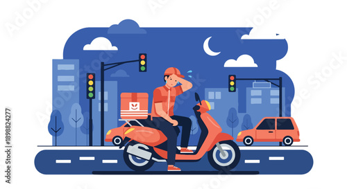 Tired delivery courier resting on motorcycle after long shift in busy city street, showing workload exhaustion, transport stress, and gig economy burnout in flat vector style