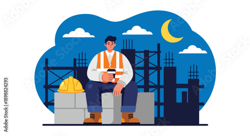 Exhausted construction worker sitting on concrete block near unfinished building, showing physical fatigue, hard labor, and workplace burnout in modern flat vector illustration