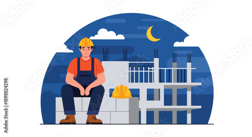 Exhausted construction worker sitting on concrete block near unfinished building, showing physical fatigue, hard labor, and workplace burnout in modern flat vector illustration