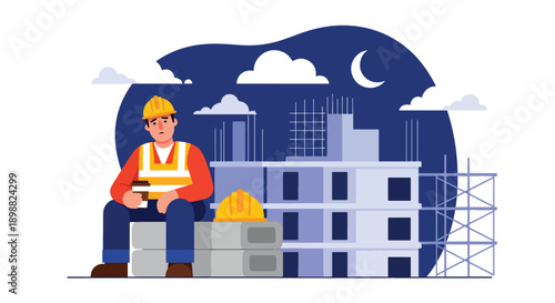 Exhausted construction worker sitting on concrete block near unfinished building, showing physical fatigue, hard labor, and workplace burnout in modern flat vector illustration