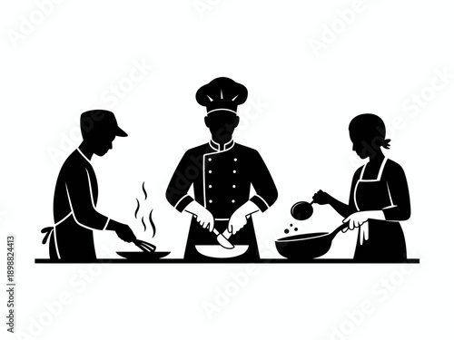 Collaborative cooking session with a diverse team preparing a meal together isolated on white background, Vector, illustration