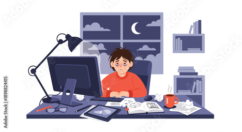 Tired freelance designer working late in home office with glowing screen and messy desk, showing creative burnout, deadline pressure, and remote work stress in flat vector style
