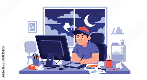 Tired freelance designer working late in home office with glowing screen and messy desk, showing creative burnout, deadline pressure, and remote work stress in flat vector style