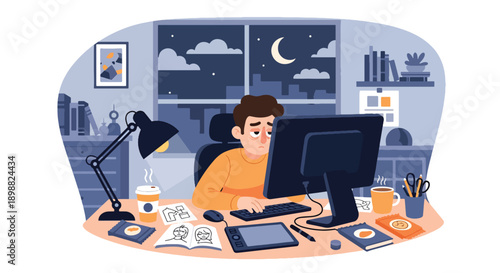 Tired freelance designer working late in home office with glowing screen and messy desk, showing creative burnout, deadline pressure, and remote work stress in flat vector style