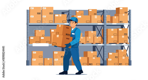 Warehouse worker carrying heavy boxes inside large storage facility, showing physical strain, logistics pressure, and manual labor burnout in modern flat vector illustration