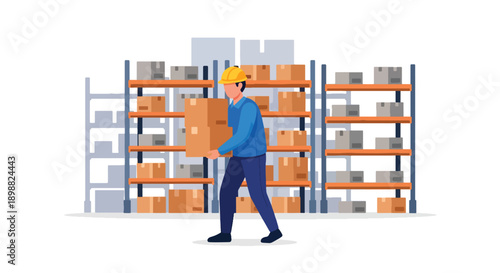 Warehouse worker carrying heavy boxes inside large storage facility, showing physical strain, logistics pressure, and manual labor burnout in modern flat vector illustration
