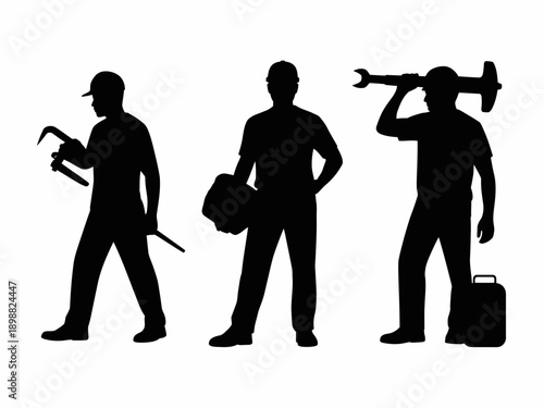 Three silhouettes of workers with different tools and equipment isolated on white background, Vector, illustration