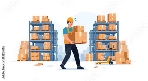 Warehouse worker carrying heavy boxes inside large storage facility, showing physical strain, logistics pressure, and manual labor burnout in modern flat vector illustration