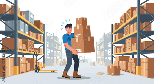Warehouse worker carrying heavy boxes inside large storage facility, showing physical strain, logistics pressure, and manual labor burnout in modern flat vector illustration