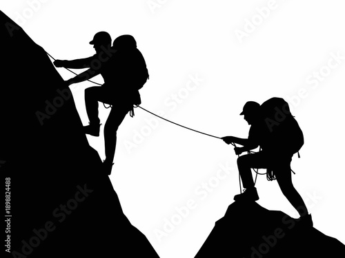 Teamwork and perseverance during a challenging rock climbing adventure together isolated on white background, Vector, illustration