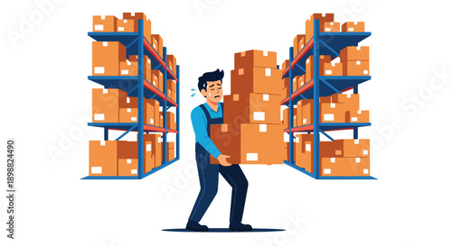 Warehouse worker carrying heavy boxes inside large storage facility, showing physical strain, logistics pressure, and manual labor burnout in modern flat vector illustration