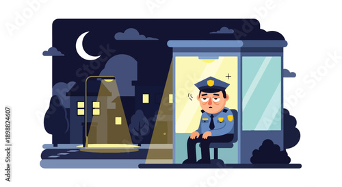 Tired security guard resting in small booth at night under streetlight, showing night shift exhaustion, vigilance stress, and workplace burnout in modern flat vector illustration