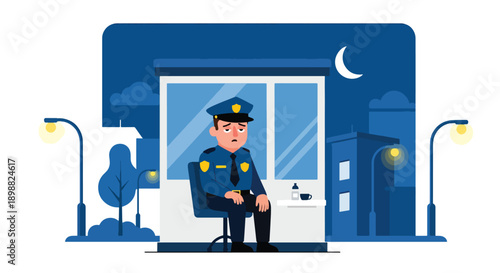 Tired security guard resting in small booth at night under streetlight, showing night shift exhaustion, vigilance stress, and workplace burnout in modern flat vector illustration