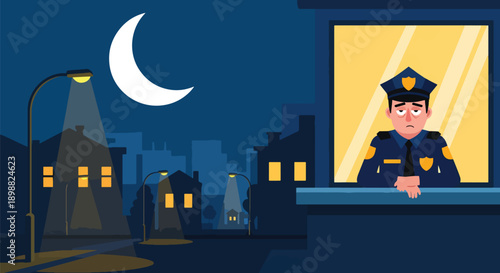 Tired security guard resting in small booth at night under streetlight, showing night shift exhaustion, vigilance stress, and workplace burnout in modern flat vector illustration