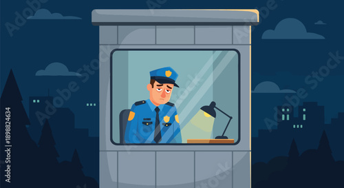 Tired security guard resting in small booth at night under streetlight, showing night shift exhaustion, vigilance stress, and workplace burnout in modern flat vector illustration