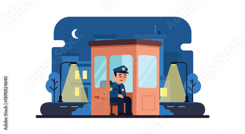 Tired security guard resting in small booth at night under streetlight, showing night shift exhaustion, vigilance stress, and workplace burnout in modern flat vector illustration