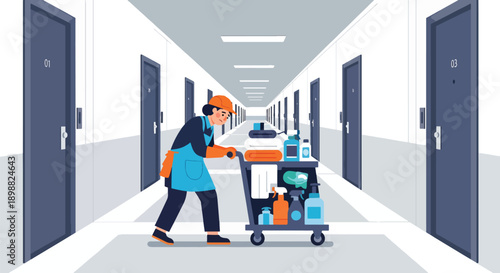 Exhausted hotel cleaner pushing heavy trolley in long corridor, showing physical workload, hospitality pressure, and service industry burnout in modern flat vector illustration