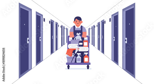 Exhausted hotel cleaner pushing heavy trolley in long corridor, showing physical workload, hospitality pressure, and service industry burnout in modern flat vector illustration
