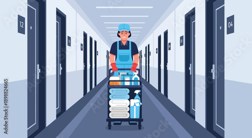 Exhausted hotel cleaner pushing heavy trolley in long corridor, showing physical workload, hospitality pressure, and service industry burnout in modern flat vector illustration