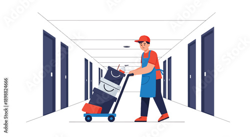 Exhausted hotel cleaner pushing heavy trolley in long corridor, showing physical workload, hospitality pressure, and service industry burnout in modern flat vector illustration