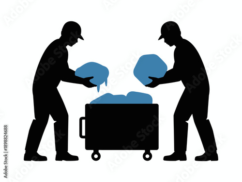 Two workers handling large cylindrical objects into a cart for transport or storage isolated on white background, Vector, illustration