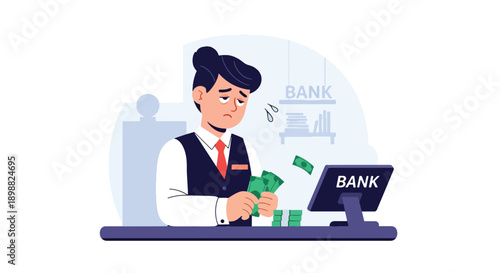 Fatigued bank teller counting money behind counter in financial office, showing transaction pressure, customer service stress, and workplace burnout in flat vector style