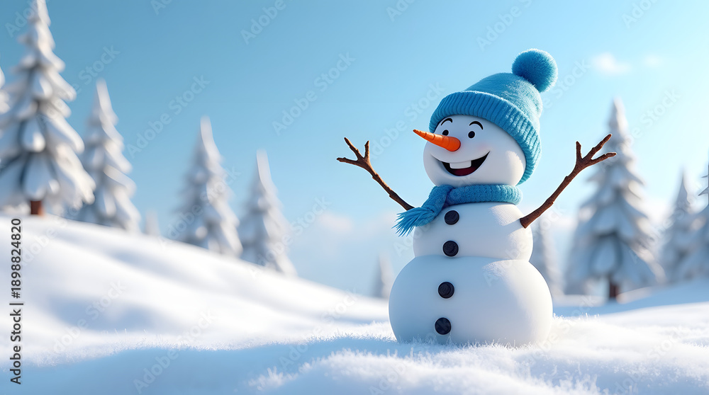 Obraz premium A cheerful snowman with a blue hat and scarf stands in a snowy landscape, surrounded by tall evergreen trees under a blue sky.