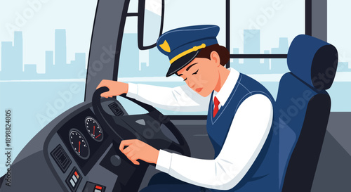 Tired public transport driver holding steering wheel inside bus, showing long shift exhaustion, traffic stress, and transportation service burnout in modern flat vector illustration