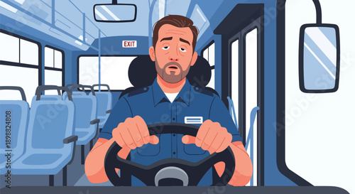 Tired public transport driver holding steering wheel inside bus, showing long shift exhaustion, traffic stress, and transportation service burnout in modern flat vector illustration