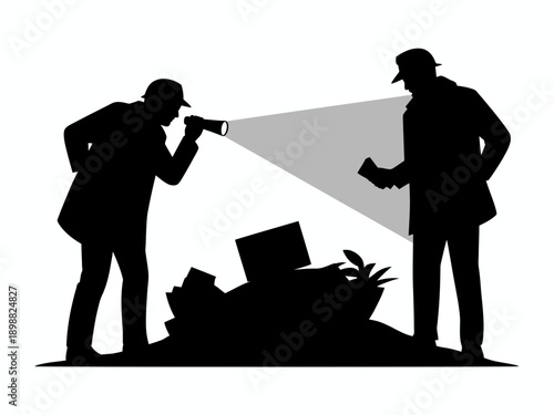 Silhouettes of two individuals inspecting a mysterious pile of discarded items under light exposure isolated on white background, Vector, illustration