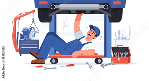 Exhausted mechanic lying under car in garage surrounded by tools, showing physical strain, repair workload, and automotive industry burnout in modern flat vector illustration