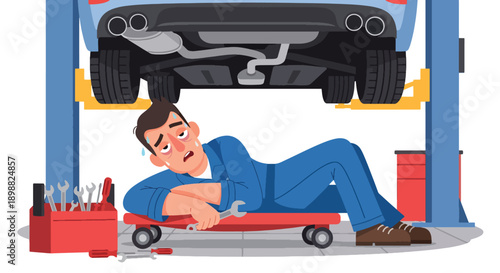 Exhausted mechanic lying under car in garage surrounded by tools, showing physical strain, repair workload, and automotive industry burnout in modern flat vector illustration