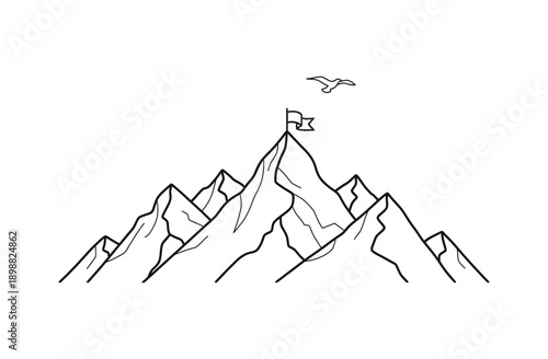 Mountain peak with flag and flying bird illustration
