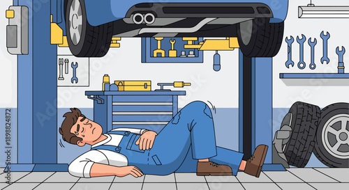 Exhausted mechanic lying under car in garage surrounded by tools, showing physical strain, repair workload, and automotive industry burnout in modern flat vector illustration