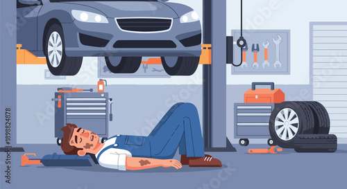 Exhausted mechanic lying under car in garage surrounded by tools, showing physical strain, repair workload, and automotive industry burnout in modern flat vector illustration