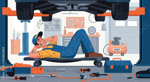 Exhausted mechanic lying under car in garage surrounded by tools, showing physical strain, repair workload, and automotive industry burnout in modern flat vector illustration