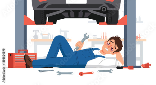 Exhausted mechanic lying under car in garage surrounded by tools, showing physical strain, repair workload, and automotive industry burnout in modern flat vector illustration