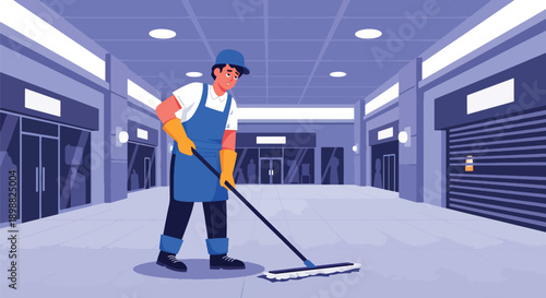 Fatigued cleaning staff mopping empty shopping mall hall at night, showing late shift exhaustion, maintenance workload, and service industry burnout in flat vector style