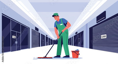 Fatigued cleaning staff mopping empty shopping mall hall at night, showing late shift exhaustion, maintenance workload, and service industry burnout in flat vector style