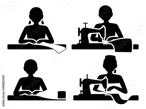 Traditional sewing and reading activities depicted through silhouettes isolated on white background, Vector, illustration