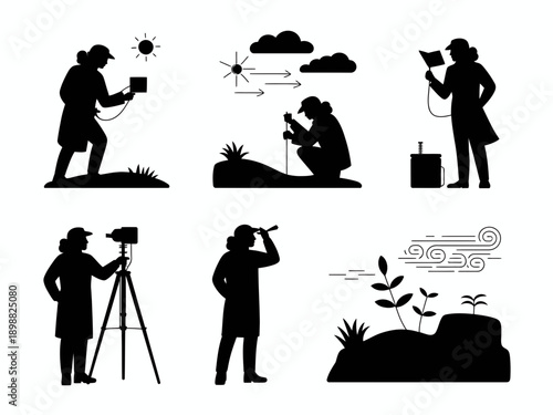 Silhouettes of photographers capturing diverse scenes in nature and urban settings isolated on white background, Vector, illustration