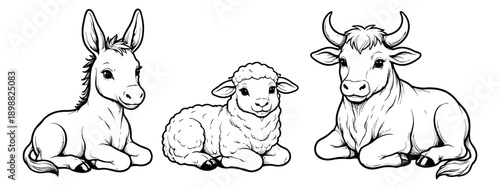 Hand drawn line art animal set featuring a donkey, lamb, and ox for Christmas nativity scenes