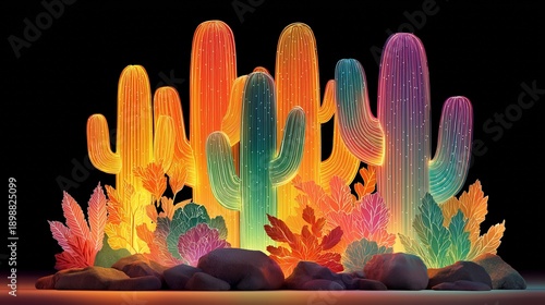 Glowing cacti in an array of colors stand tall amidst bright foliage, bringing a magical desert scene to life in the night. The light shines across the rocks, creating a stunning display